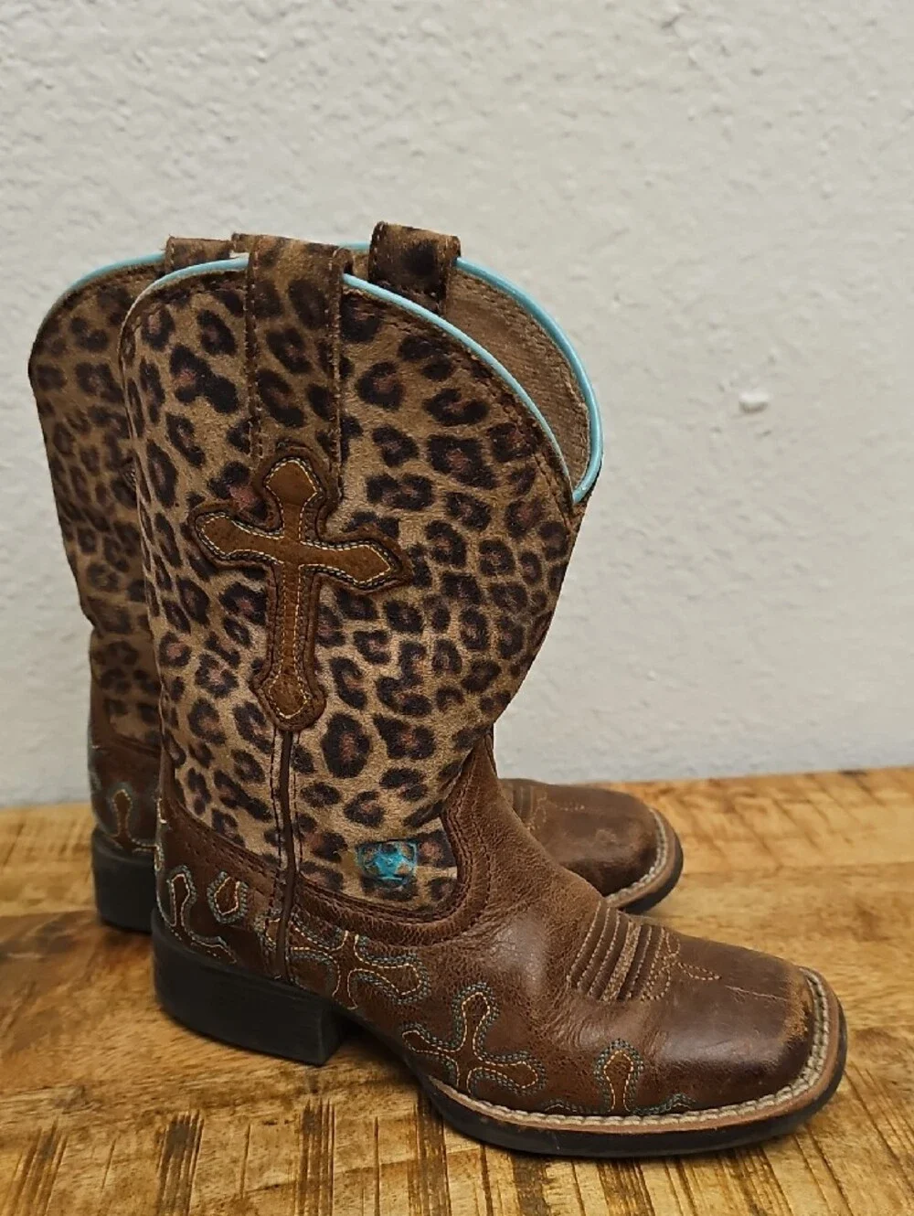 Ariat Brown Leopard-Print Kids Western Boots with Turquoise Trim